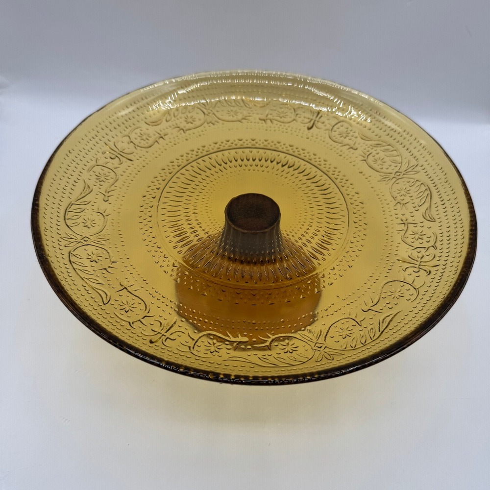 Vintage Amber Glass Sandwich Cake Stand Pedestal 10 Inch Floral MCM